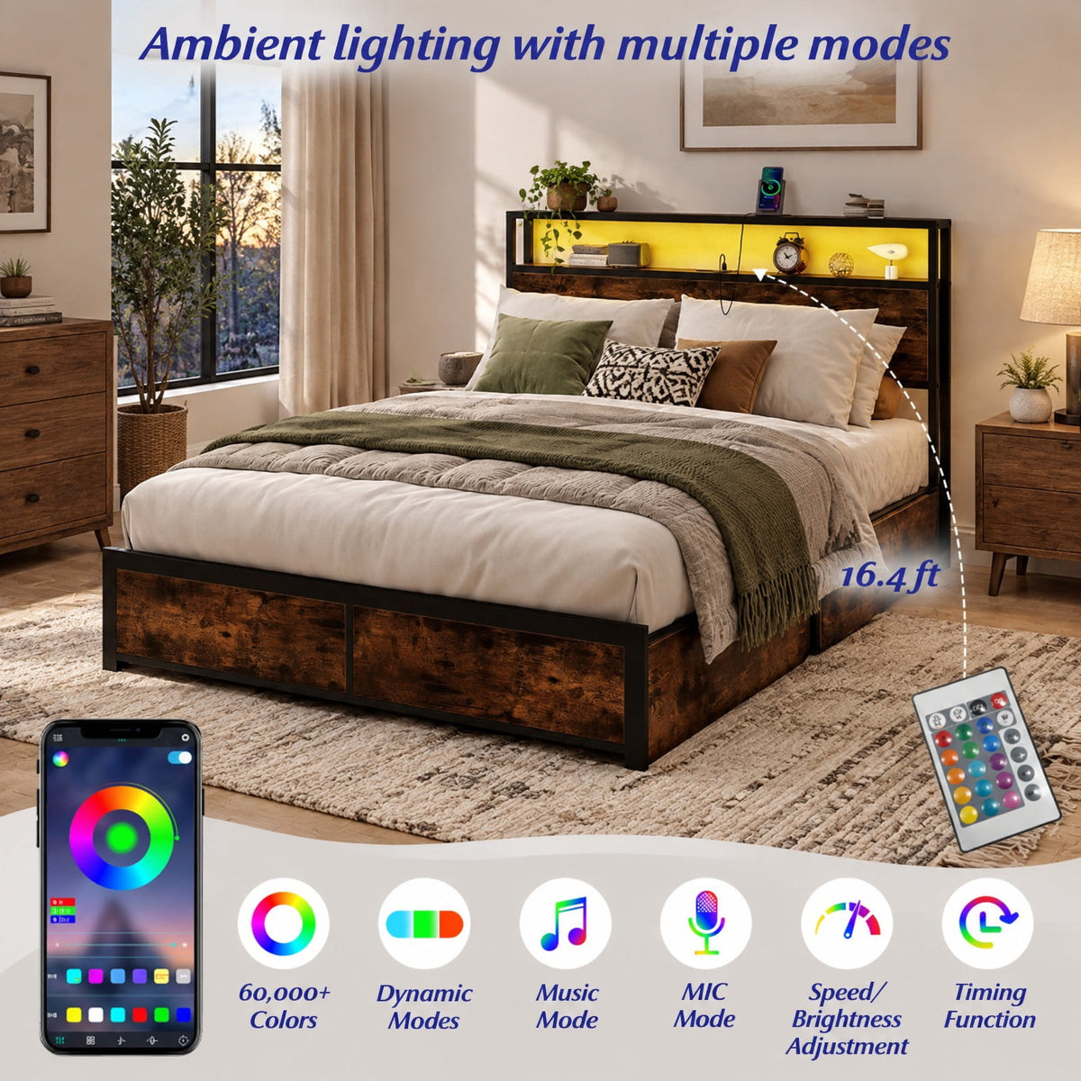 Airfind Full/Queen Size LED Bed Frame with Charging Station and 4 Storage Drawers, 81 Inch x 56 Inch x 40 Inch Inner Footprint
