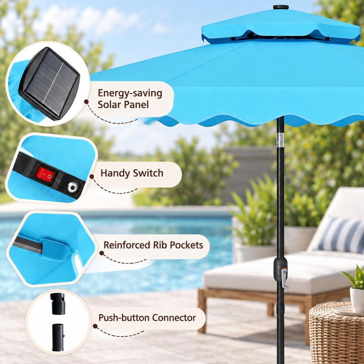 Airfind 9 FT Solar LED Patio Umbrella Push-Button Tilt and Crank 24 LED Lights and 8 Ribs, Polyester Fabric Metal Frame, 9 x 8.2 ft Footprint