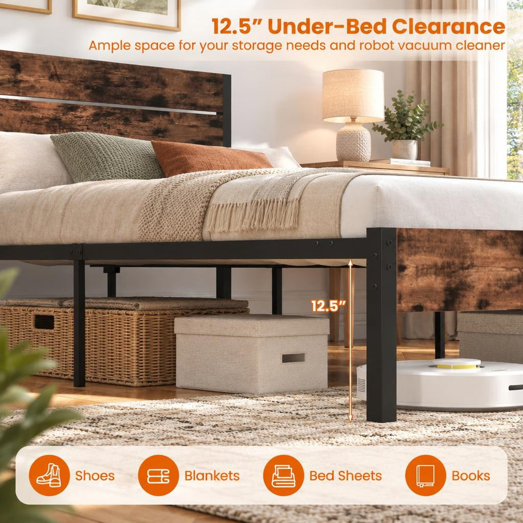 Airfind Queen Metal Bed Frame with Wood Headboard, 12 Slats, Under-Bed Storage, No Box Spring, Rustic Brown
