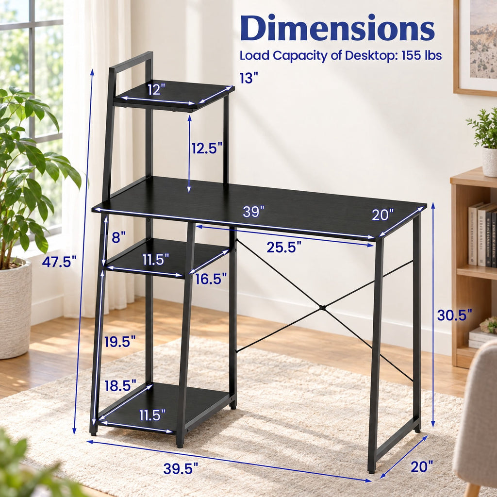 Airfind Computer Desk with Shelves and 3-Tier Storage Bookshelf, Metal Engineered Wood Frame, 39.5 x 20 x 47.5 Footprint, Black