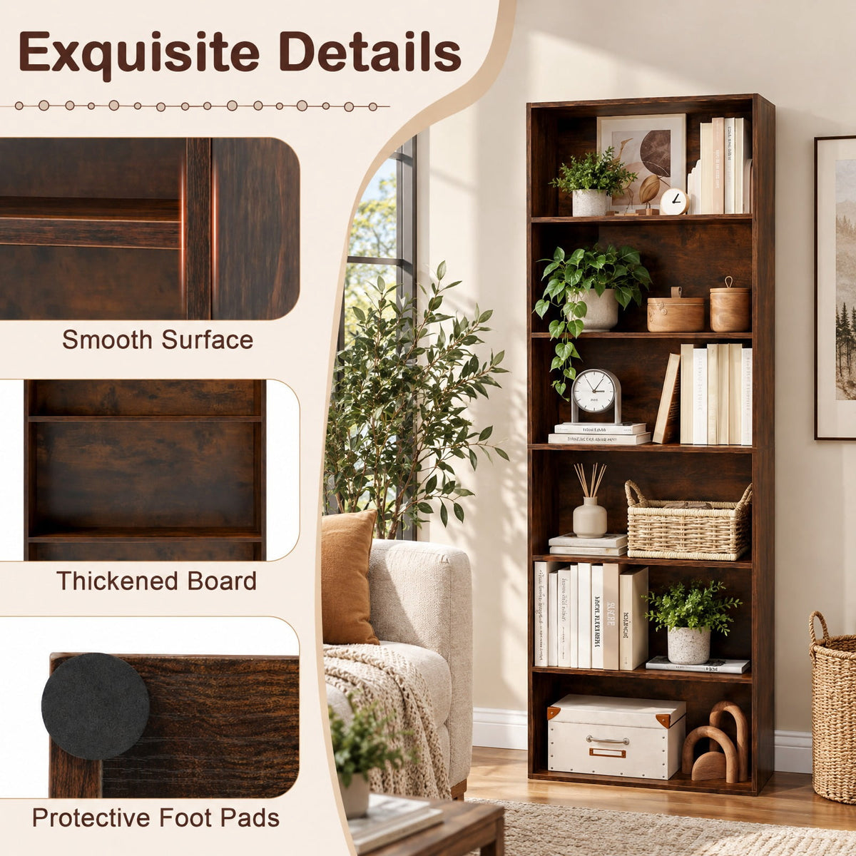 Airfind 6-Tier Bookcase with 6 Open Shelves and Anti-Toppling Kits, 200 lbs Capacity, MDF Engineered Wood Frame, 23.5in x 9.5in x 70in Footprint, Brown