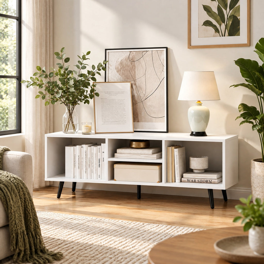 Airfind 47.5 Inches TV Stand for 55-Inch TV with Compartments and Metal Legs, 132 lbs Capacity, Engineered Wood MDF Metal Frame, White