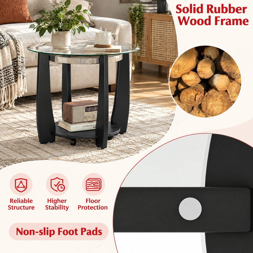 Airfind 32 Inch 2-Tier Glass Round Coffee Table with Storage Shelf, 300 lbs Capacity, Tempered Glass Rubber Wood Stainless Steel Plastic Frame, Black