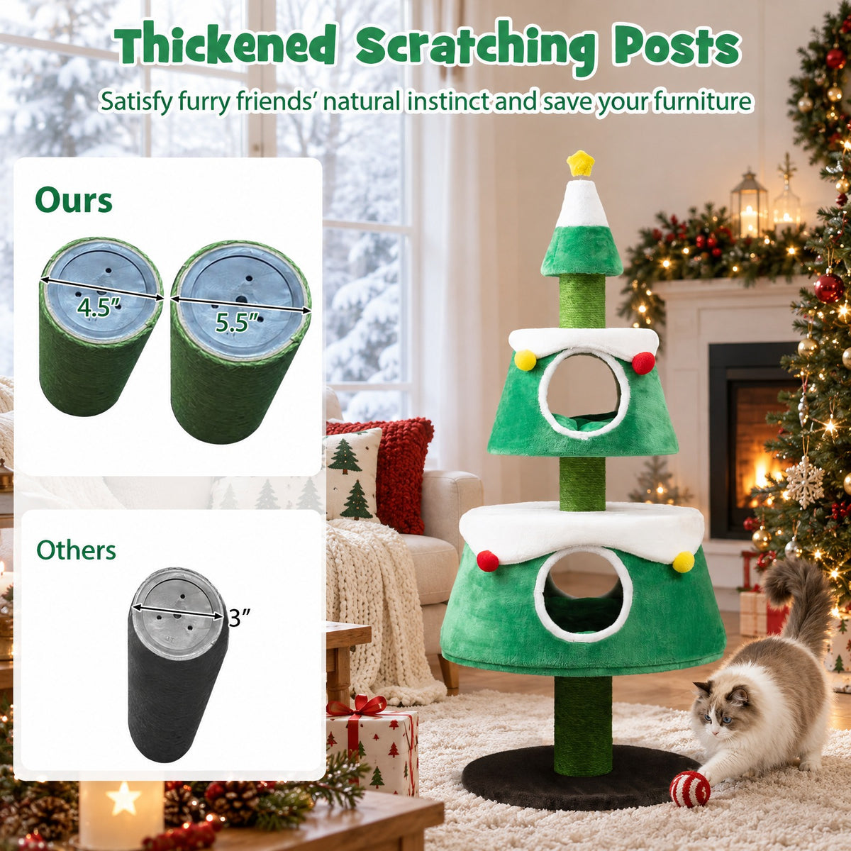 Airfind Christmas Cat Tree for Indoor Cats Cute Holiday Cat Tower with 2 Condos, 33 lbs Capacity, Green