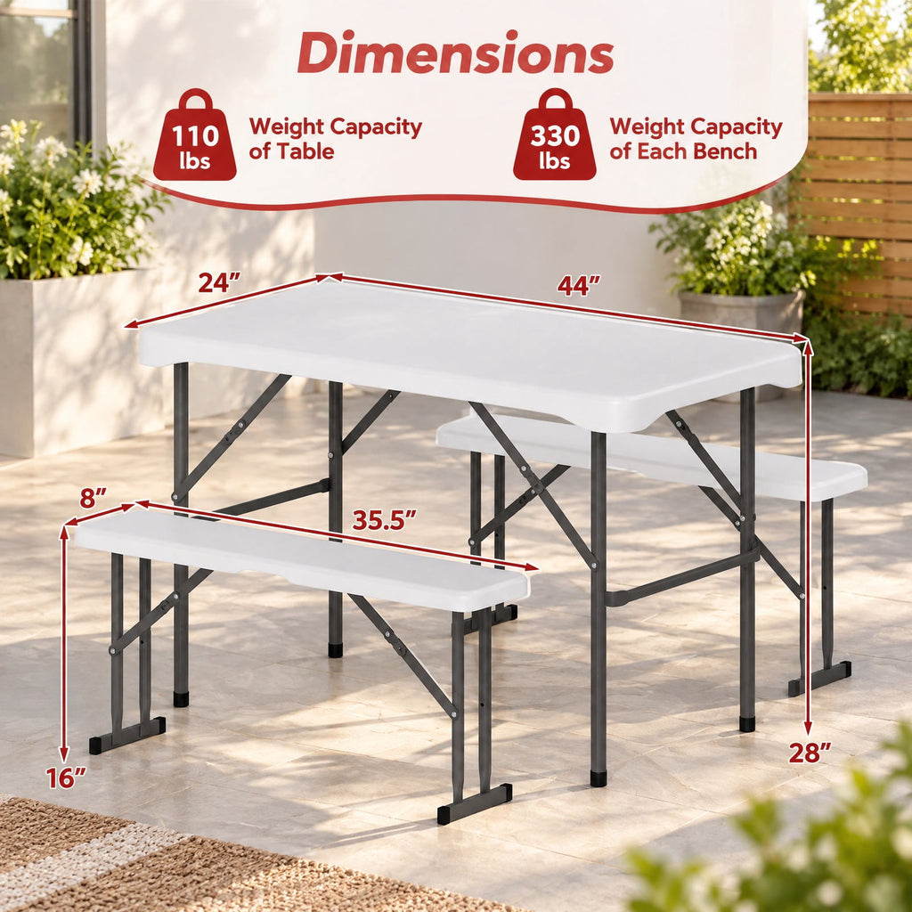 Airfind 44 Inch HDPE Folding Picnic Table Set with 2 Benches, 110 lbs Capacity, HDPE Metal Frame, 44 Inch x 24 Inch x28 Inch Footprint, White