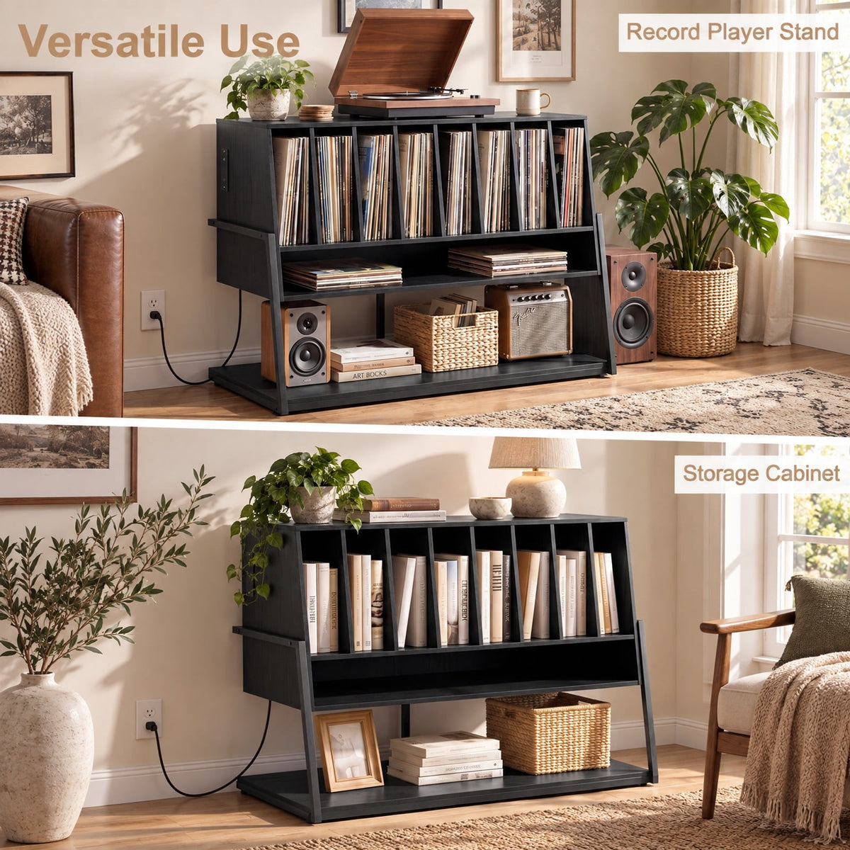 Airfind Turntable Stand with Charging Station and Vinyl Storage Shelves, 44 lbs Capacity, Engineered Wood MDF Metal Frame, Black