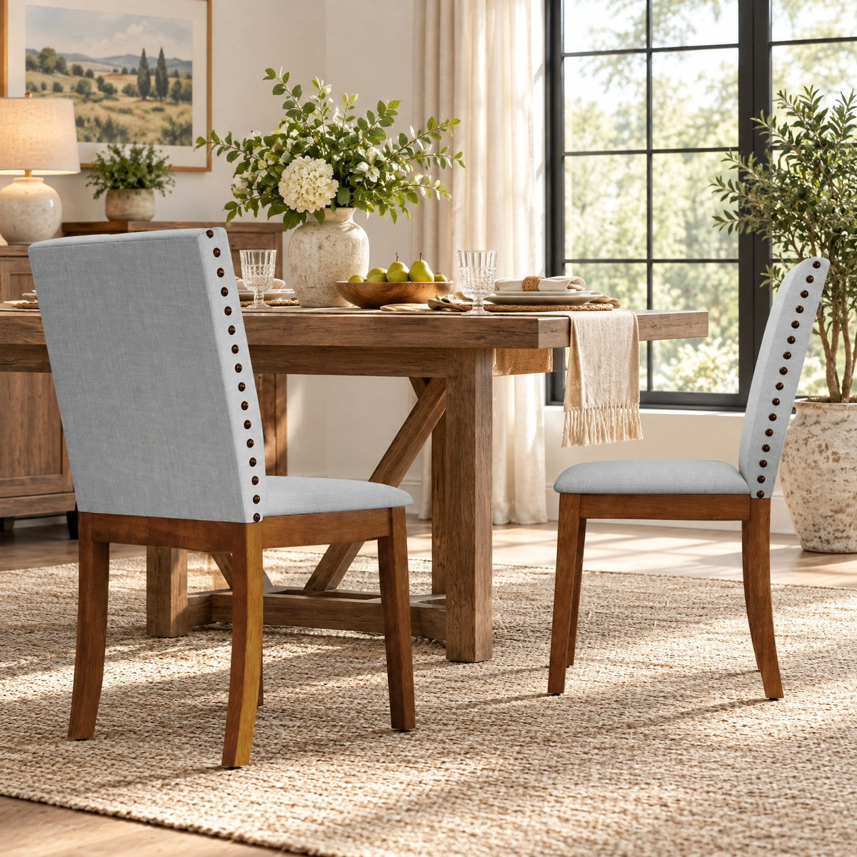 Airfind Set of 2 Upholstered Dining Chairs with Padded Seat for Living Room, 400 lbs Capacity, Rubber Wood Sponge Linen Fabric Frame, Walnut
