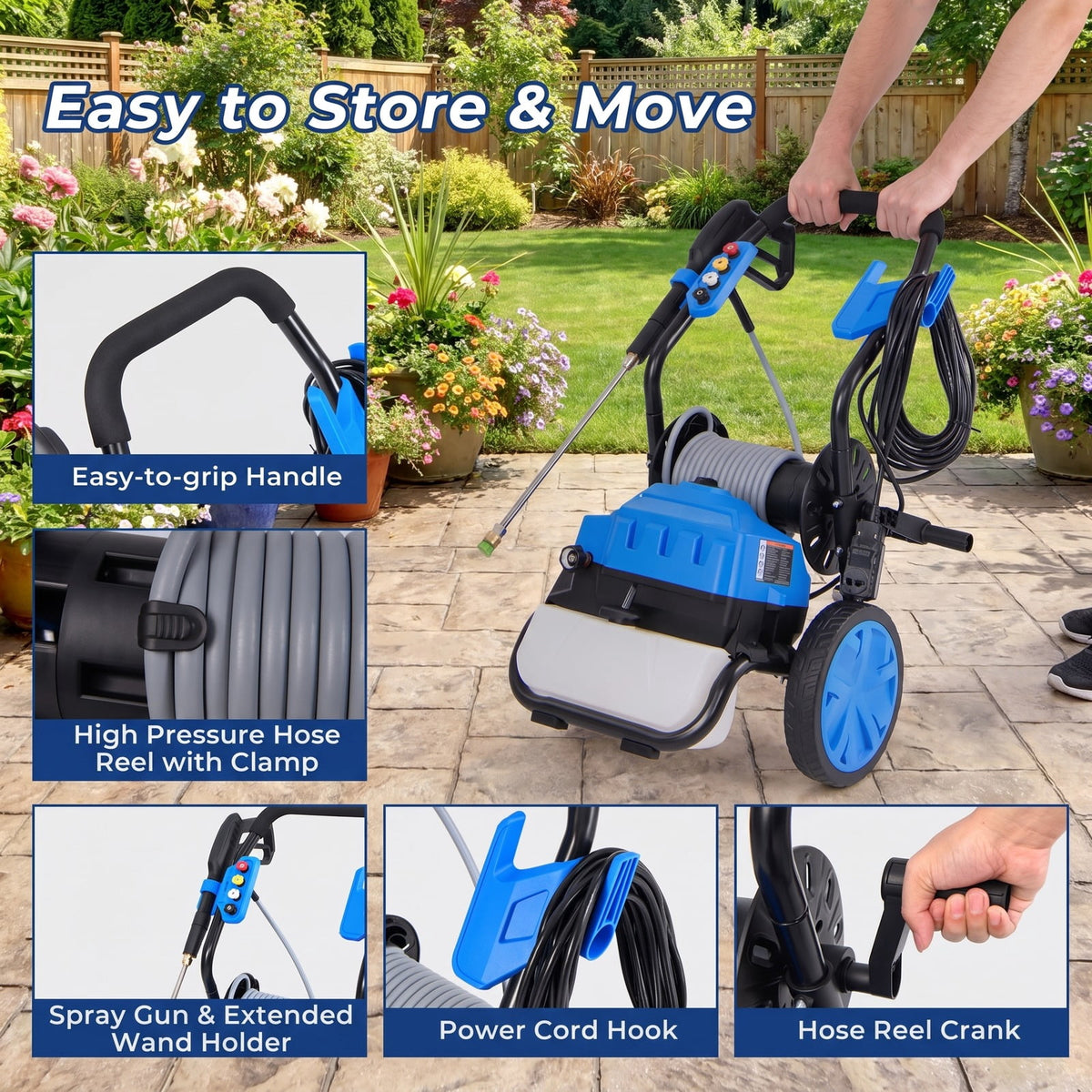 Airfind 2300 PSI 1.8 GPM Electric Pressure Washer with Wheels and 5 Quick Connect Nozzles, PP Metal Frame, 20 x 18 x 35.5 Footprint, Blue