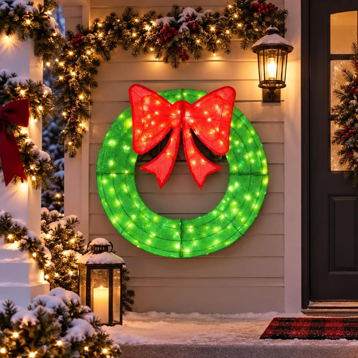 Airfind 48 Inch Pre-Lit Lighted Christmas Mesh Wreath with Bow and 200 LED Bulbs, Metal Mesh Fabric Frame, 29 x 30 Footprint, Green