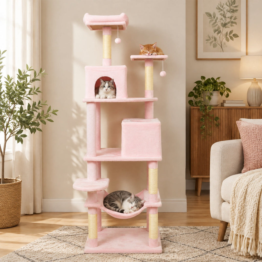 Airfind Multi-level Cat Tree Modern Cat Tower with Upholstered Perch and 2 Cat Condo, 24 x 18.5 Footprint, Pink