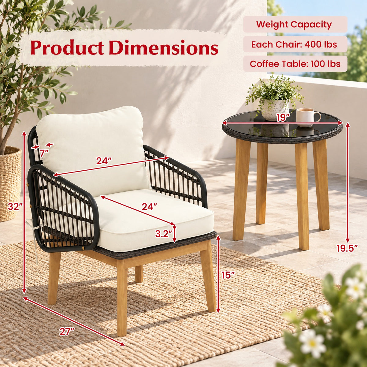 Airfind 3 Pieces Patio Furniture Set with Cushioned Chairs and Tempered Glass Side Table, 19 x 19.5 Footprint, Black