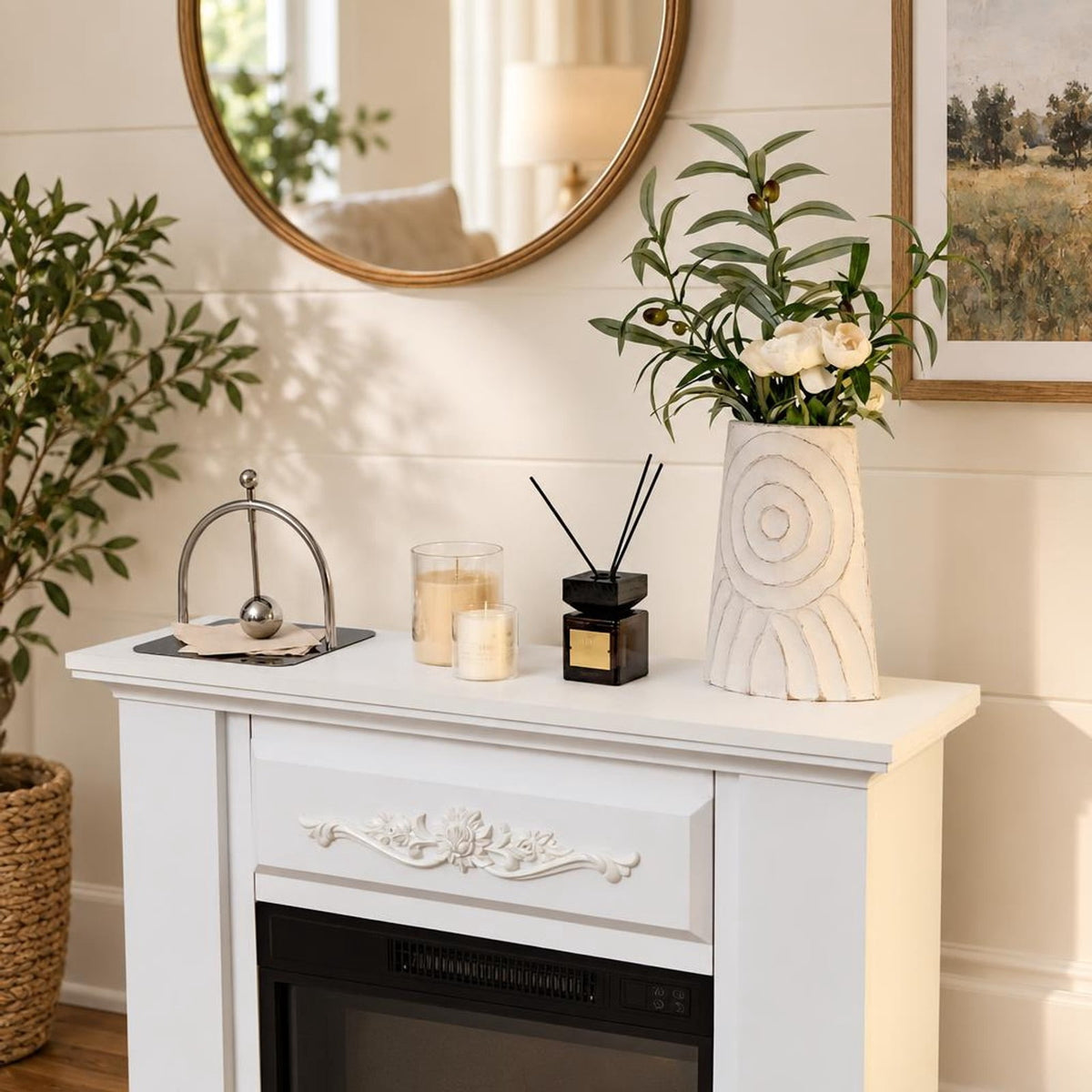 Airfind 1400W TV Stand Electric Fireplace Mantel with Remote Control, 22 lbs Capacity, MDF PB Steel plastic tempered glass Frame, White
