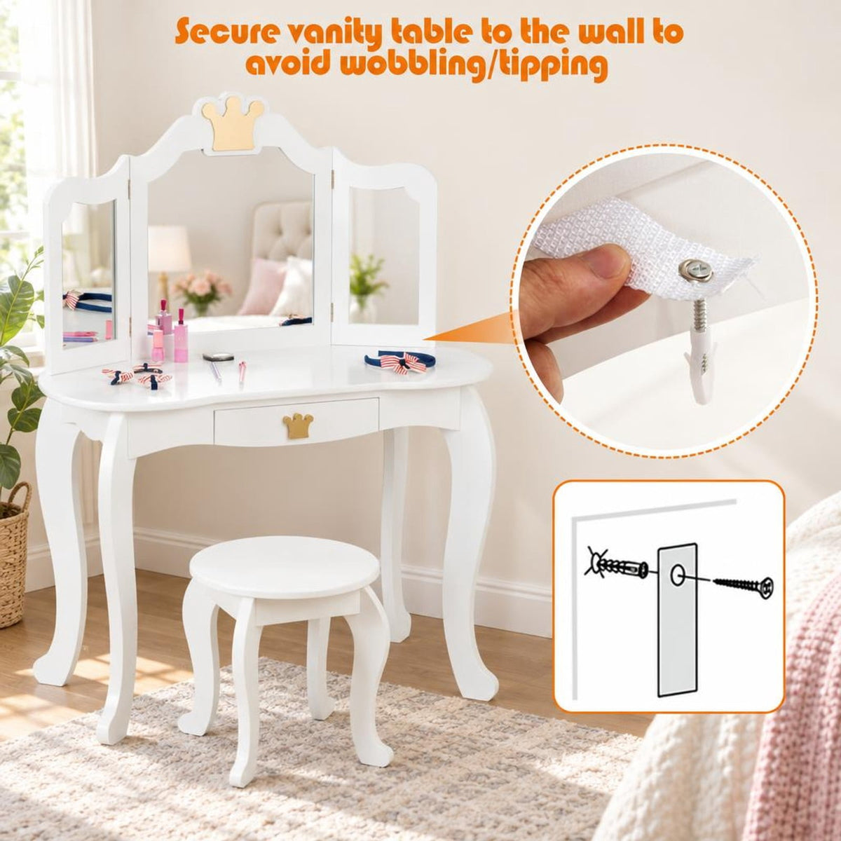 Airfind Kids Makeup Dressing Table with Tri-folding Mirror and Stool, 33 lbs Capacity, MDF pine Frame, 31.5in x 16.5in x 41.5in Footprint, White