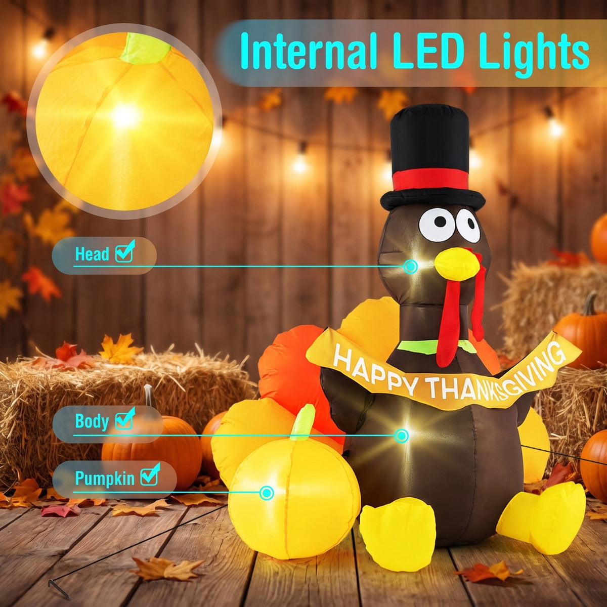 Airfind 5 FT Inflatable Turkey with Pumpkin and LED Lights for Indoor Party, 190T Polyester Fabric, 4.6 x 3.6 x 5 ft Length of