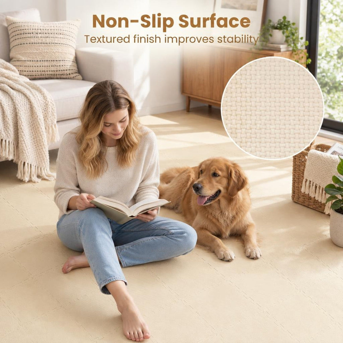 Airfind 18 Pack Interlocking EVA Foam Floor Tiles with Boarders, EVA Foam Frame, 72 Inch x 37 Inch x 0.4 Inch Footprint, Beige