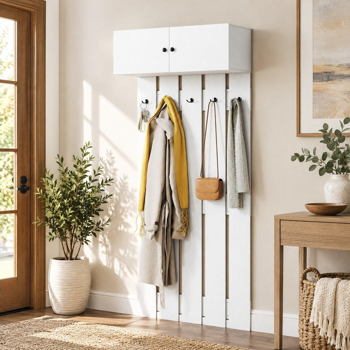 Airfind Entryway Wall Coat Rack Wall Mounted Coat Clothes Rack, 145 lbs Capacity, Engineered Wood Frame, 35.4in x 13in x 82.7in Footprint, White