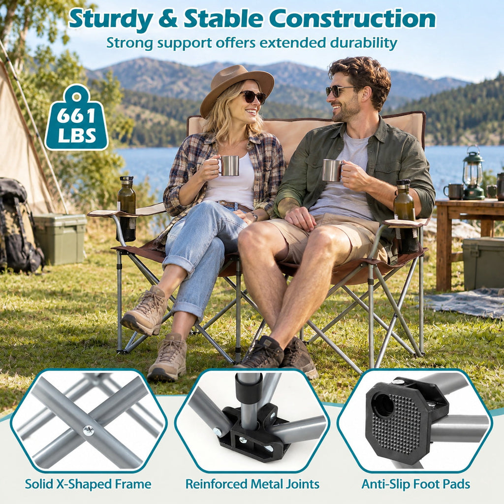Airfind Double Camping Chair with Carry Bag Cup Holders, 660 lbs Capacity, Metal Oxford Fabric Sponge, 40 Inch x 20.5 Inch x 36.5 Inch , Brown