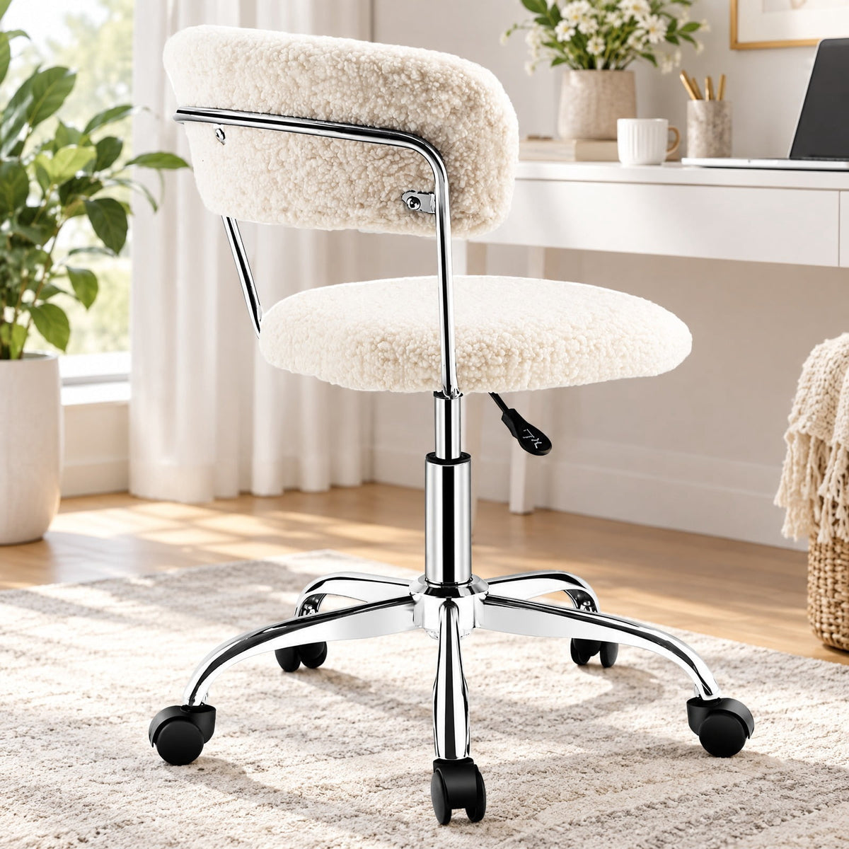Airfind Computer Desk Chair Adjustable Sherpa Office Chair Swivel Vanity Chair, 330 lbs Capacity, Sherpa plywood sponge steel Frame, White