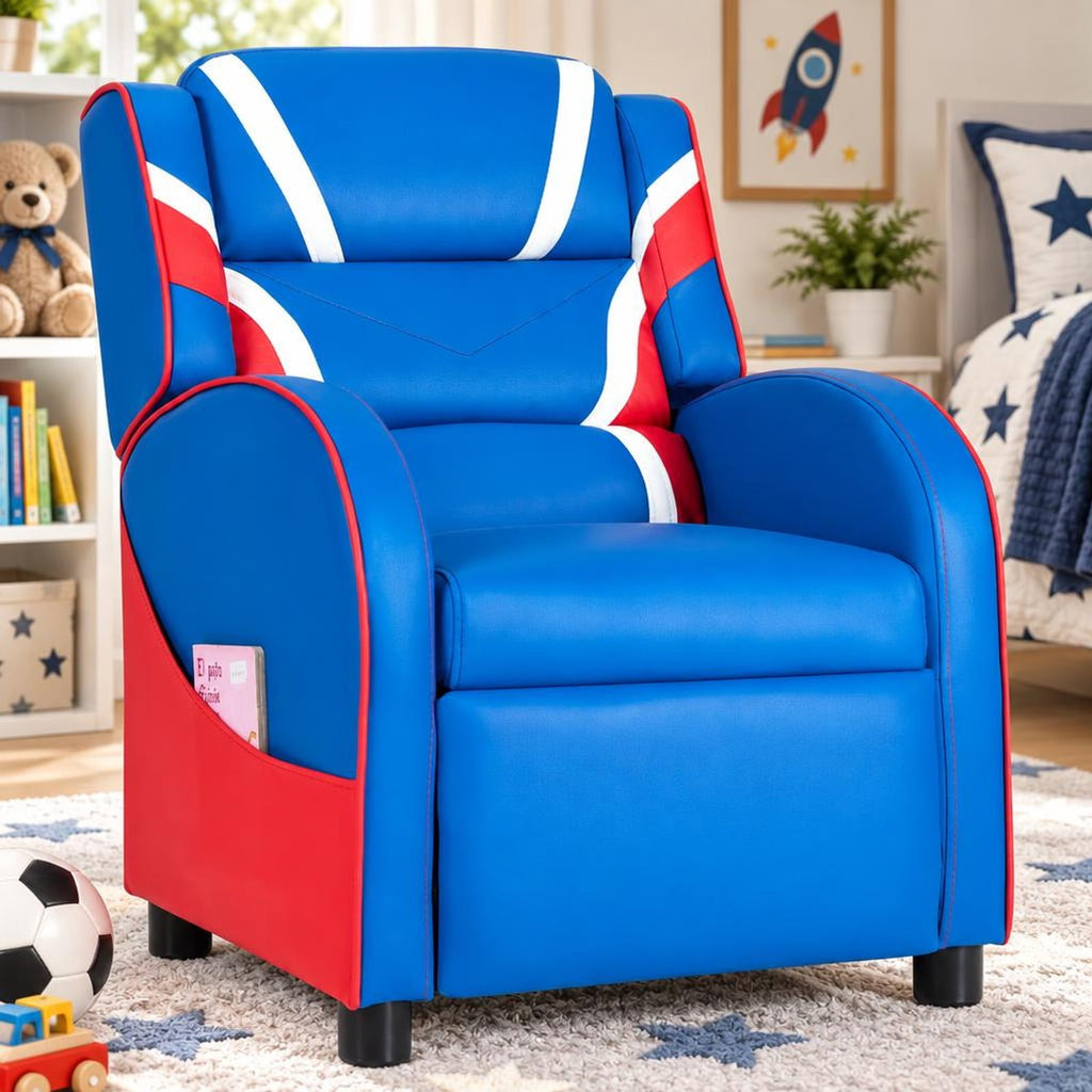 Airfind Kids Leather Recliner Chair with Side Pockets, Solid wood PU leather sponge plastic iron Frame, for 3-9 years old, Blue