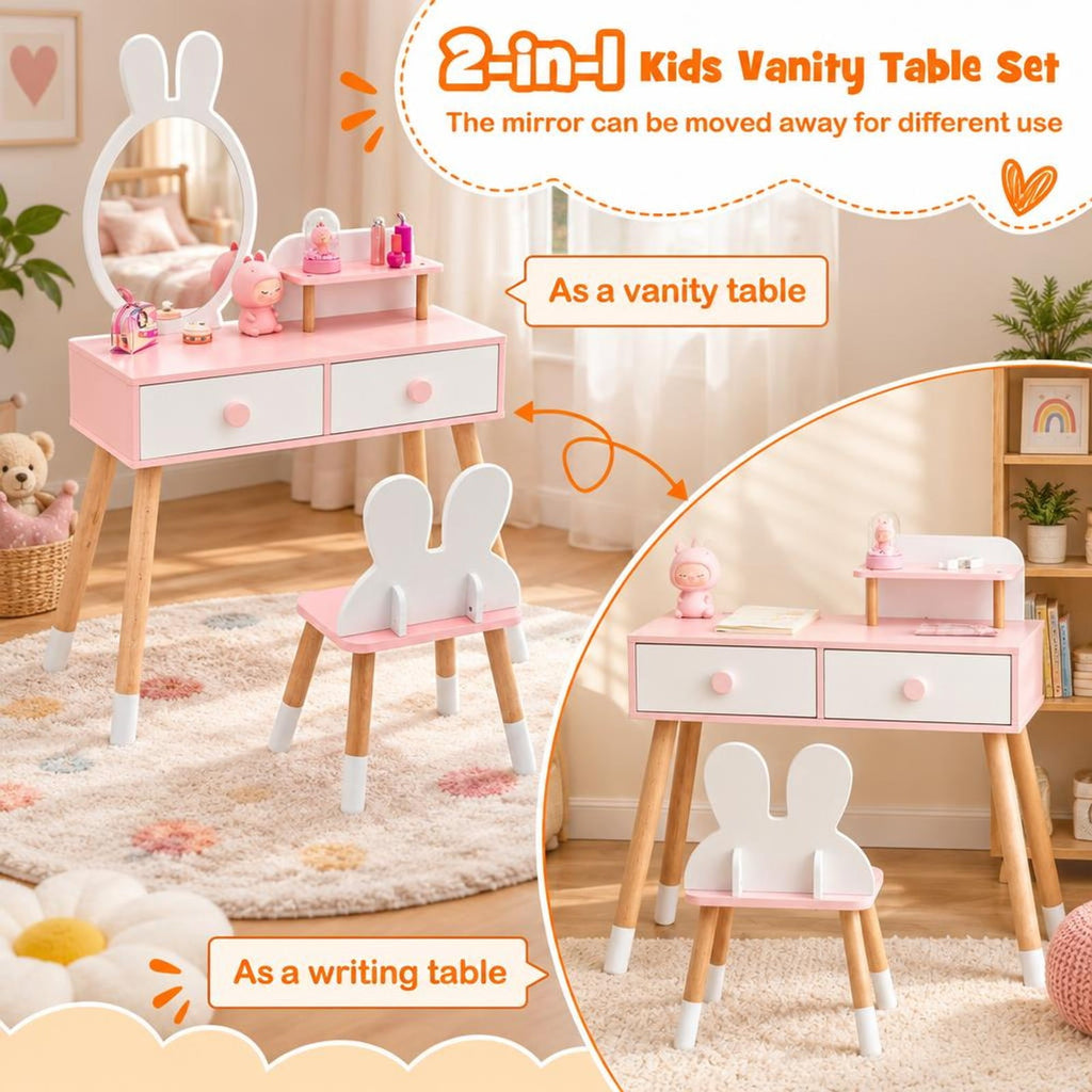 Airfind Kids Vanity Table and Chair Set with Drawer Shelf and Rabbit Mirror, 66 lbs Capacity, MDF Beech Wood Frame, White