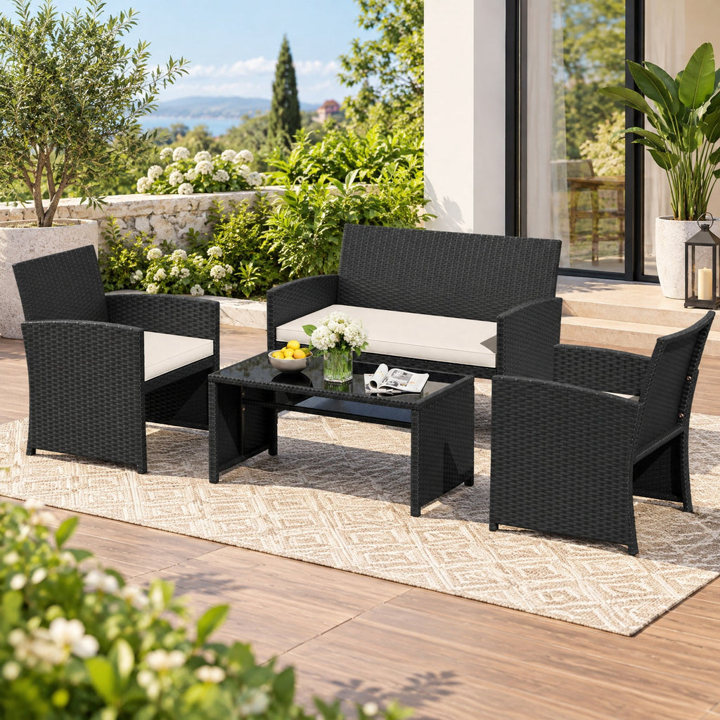 Airfind 4 Pieces Patio Furniture Set with Tempered Glass Tabletop and Removable Cushion, 400 lbs Capacity, Rattan Steel Sponge Frame, White