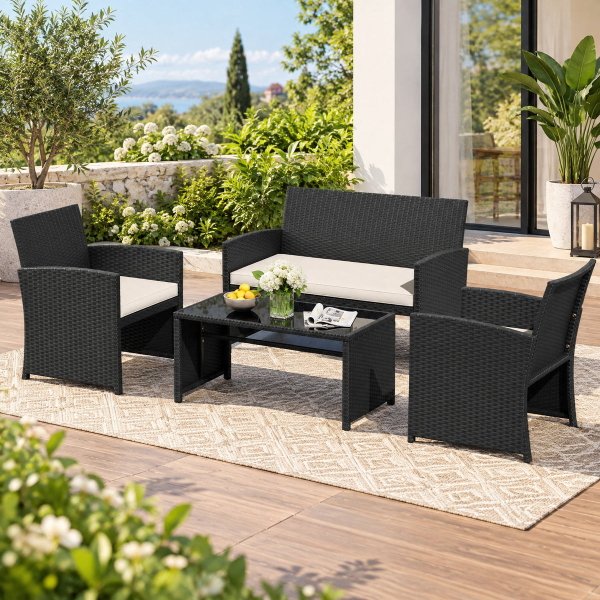 Airfind 4 Pieces Patio Furniture Set with Tempered Glass Tabletop and Removable Cushion, 400 lbs Capacity, Rattan Steel Sponge Frame, White