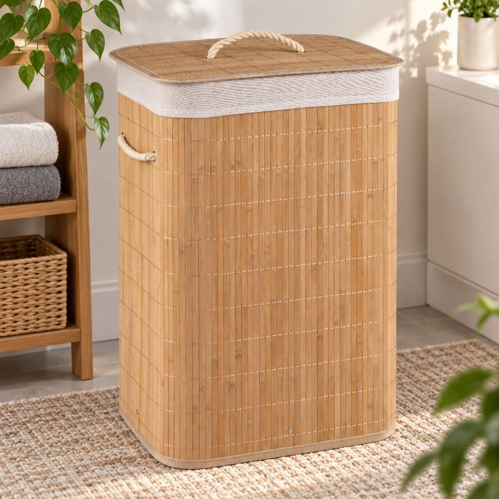 Airfind 19 Gal Bamboo Clothes Hamper with Removable Liner and Portable Handles, 33 lbs Capacity, Bamboo Polyester Cotton Metal Engineered Wood Frame