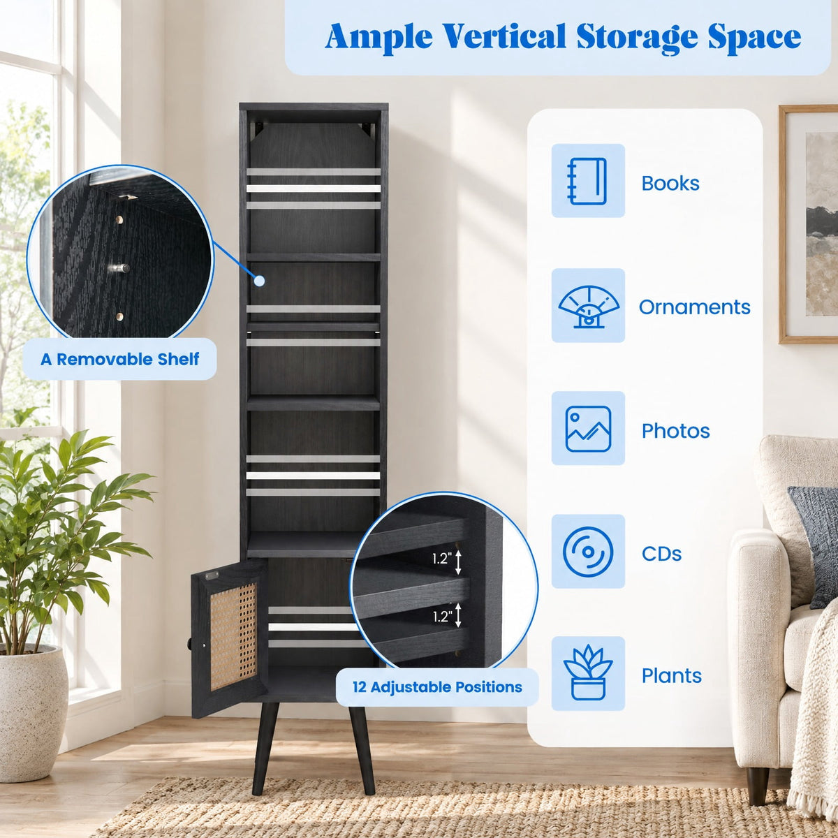 Airfind 4 Tiers Rattan Storage Cabinet with Slim Design, 135 lbs Capacity, Engineered Wood Solid Wood Rattan Frame, 12 x 12 x 54 Footprint, Black