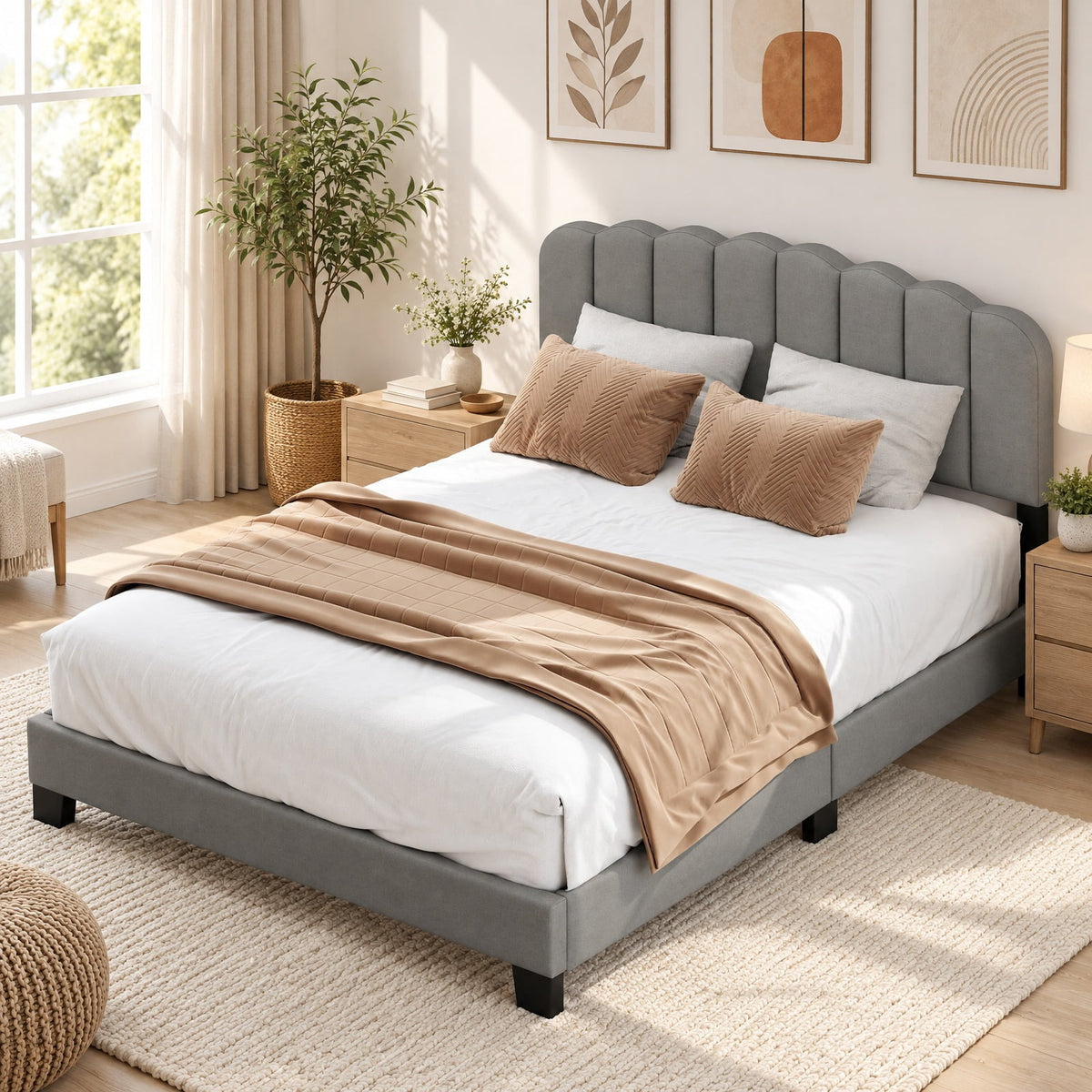Airfind Queen Size Bed Frame with Adjustable Scalloped Tufted Headboard, 770 lbs Capacity, 84 x 61.5 x 40-44 Footprint, Gray + Black