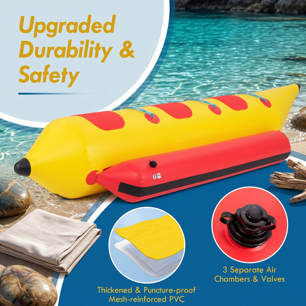 Airfind 3 Person Inflatable Banana Boat with Electric Air Pump Carrying Bag and Repair Kit for Lake and Sea Towing, Red and Yellow