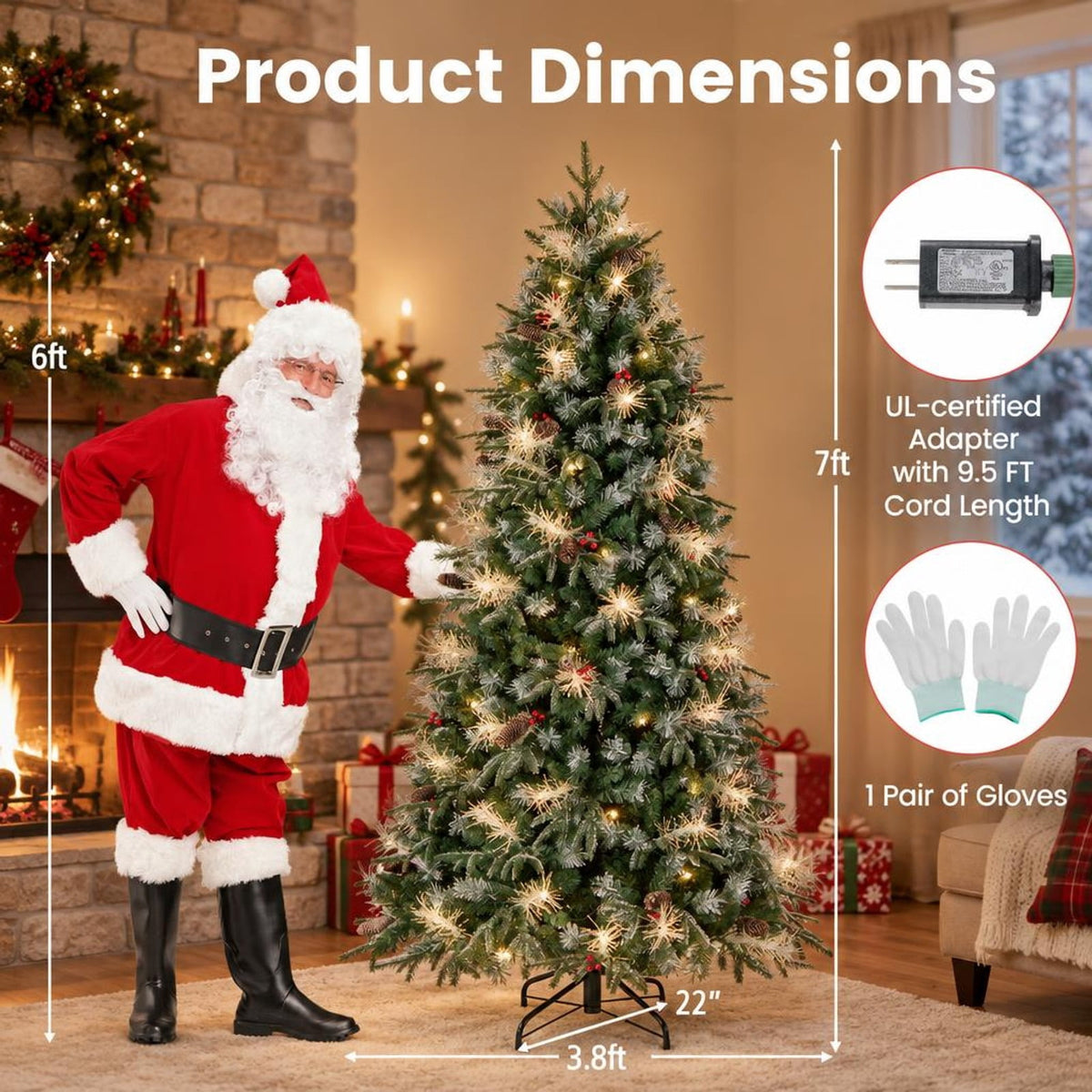 Airfind 7 Feet Pre-Lit Artificial Christmas Tree with 8 Modes LED Lights with Berries, PVC PE PET Metal 5 Feet Frame, 3 x 5 ft Footprint, Green