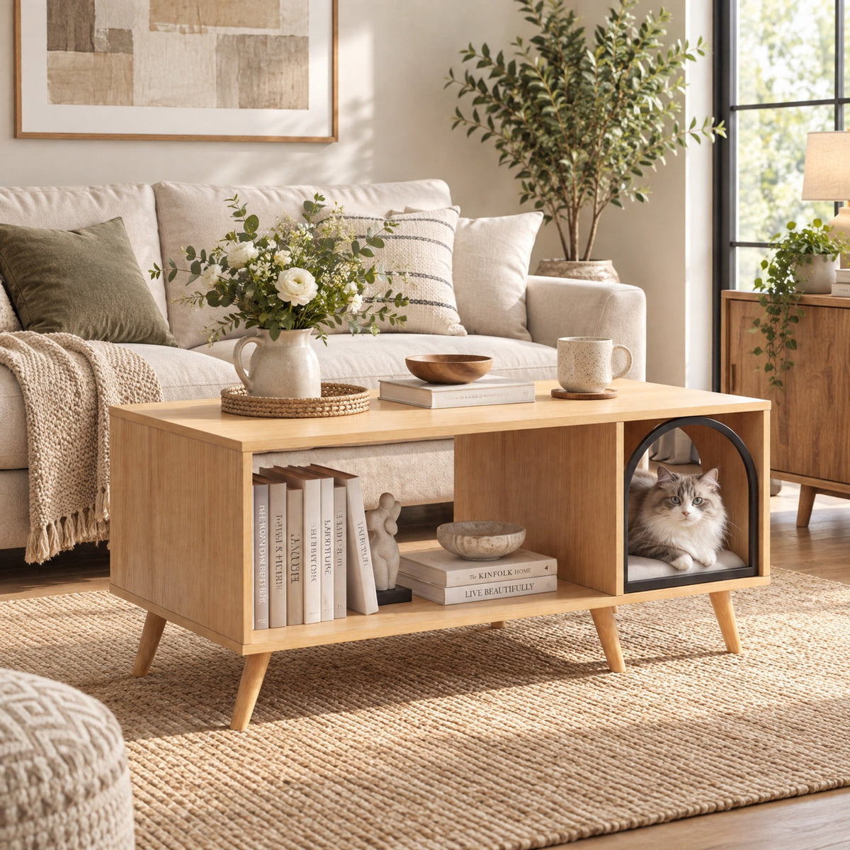 Airfind 40 Inch Coffee Table Cat House 2-in-1 Wooden Kitten Furniture with Open Storage Shelf, 88 lbs Capacity, 40 x 20 x 18 Footprint, Natural
