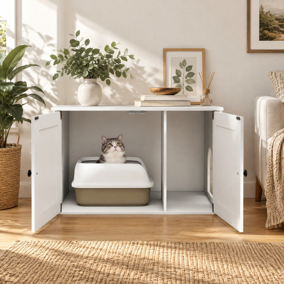 Airfind Hidden Cat Litter Box Enclosure Furniture with Divider, White, Large tabletop for plants decorations or storage, for Everyday Home Use