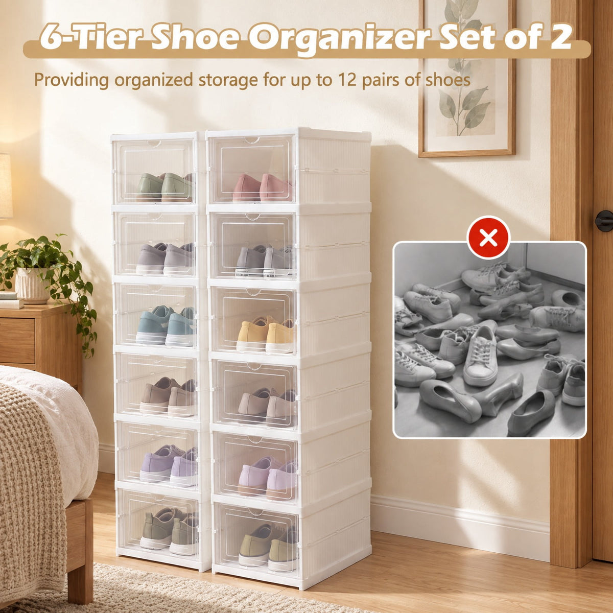 AIRFIND 6-Tier Shoe Organizer with Clear Doors, Magnetic Closures and Foldable Plastic Frame, Ventilated Shoe Storage for Closet or Entryway
