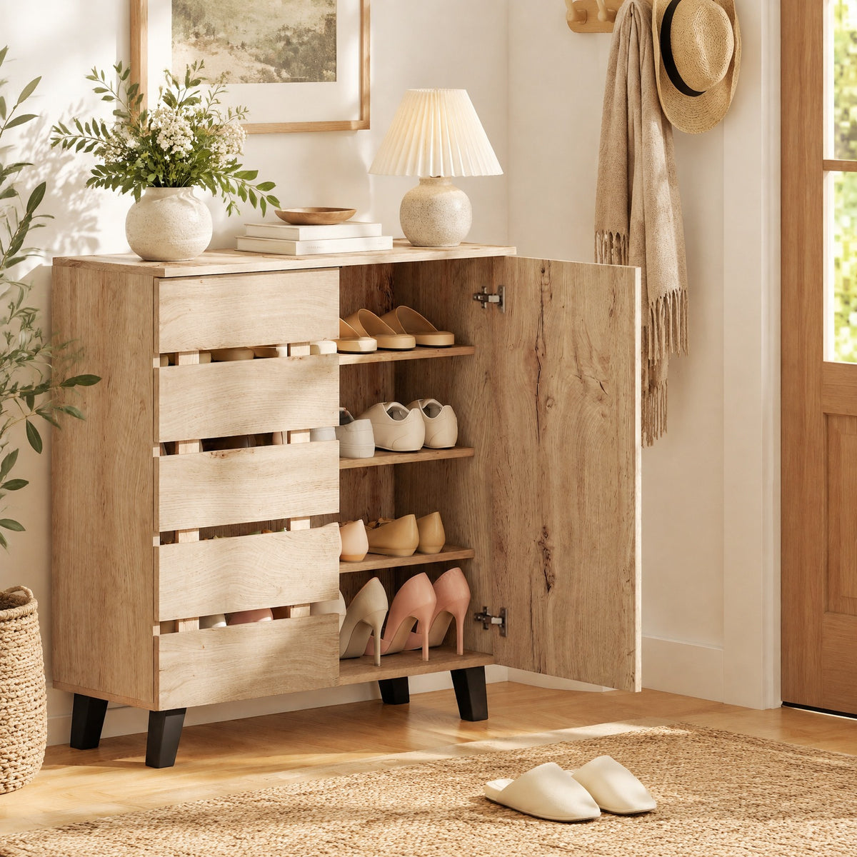 Airfind 4-Tier Shoe Cabinet 2-Door Storage Organizer with Louvered Door, 90 lbs Capacity, MDF Engineered Wood Frame, 31.5 x 13 x 34.5 Footprint