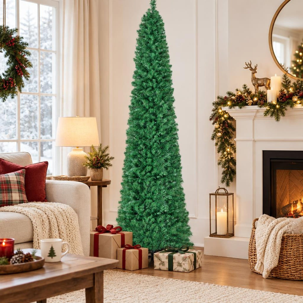 Airfind 5/6/7/8 FT Pre-Lit Christmas Pencil Tree with Colorful Fiber Optics Green-8 ft, PVC Metal Fiber Optics Frame, Green