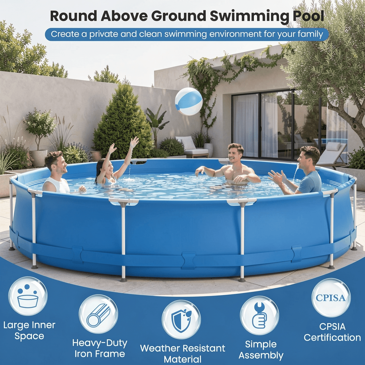 Airfind 12ft x 30in Round Above Ground Swimming Pool with Iron Frame & Pool Cover, 3-Layer PVC Mesh, Blue