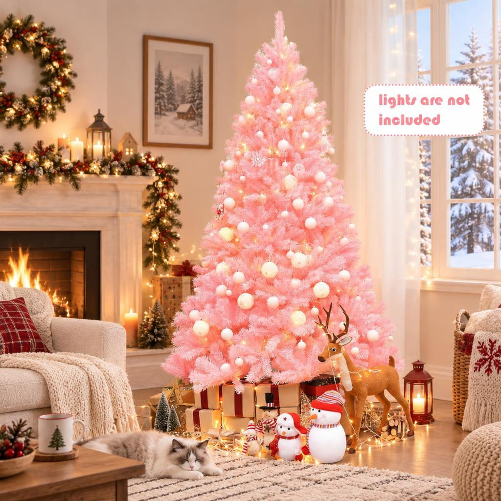 Airfind 7.5 Feet Hinged Artificial Christmas Tree Full Fir Tree, New PVC metal Length:7.5 ft Width:4.3 ft Frame, Pink