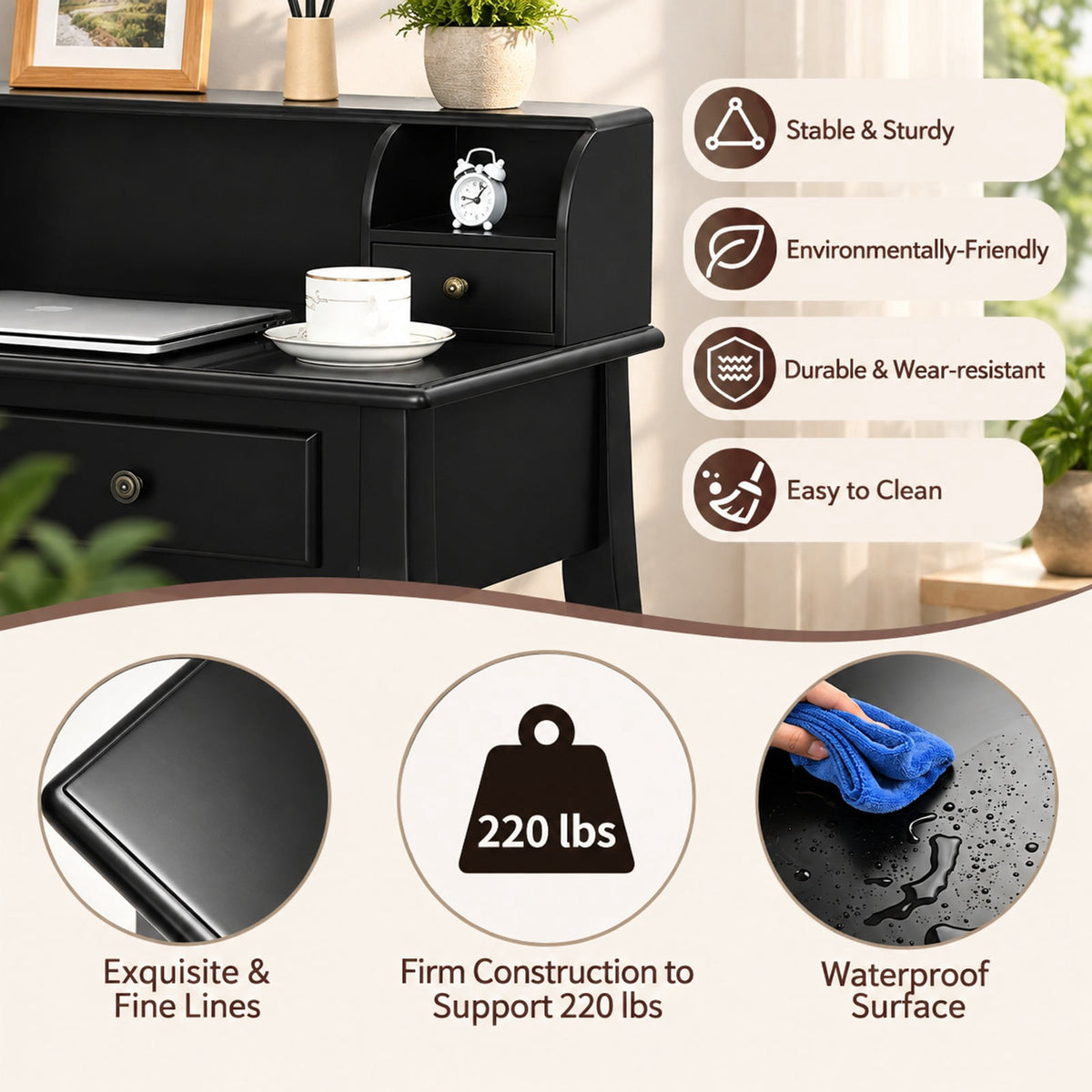 Airfind Writing Desk 2-Tier Vanity Desk Computer Desk with 4 Drawers, 287 lbs Capacity, MDF Frame, 31.5 x 16 x 37 Footprint, Black