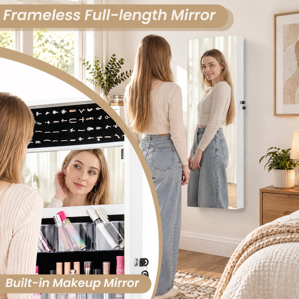 Airfind 43.5 Inch Jewelry Mirror Cabinet with Full-length Mirror and Adjustable Hangers, MDF Frame, White