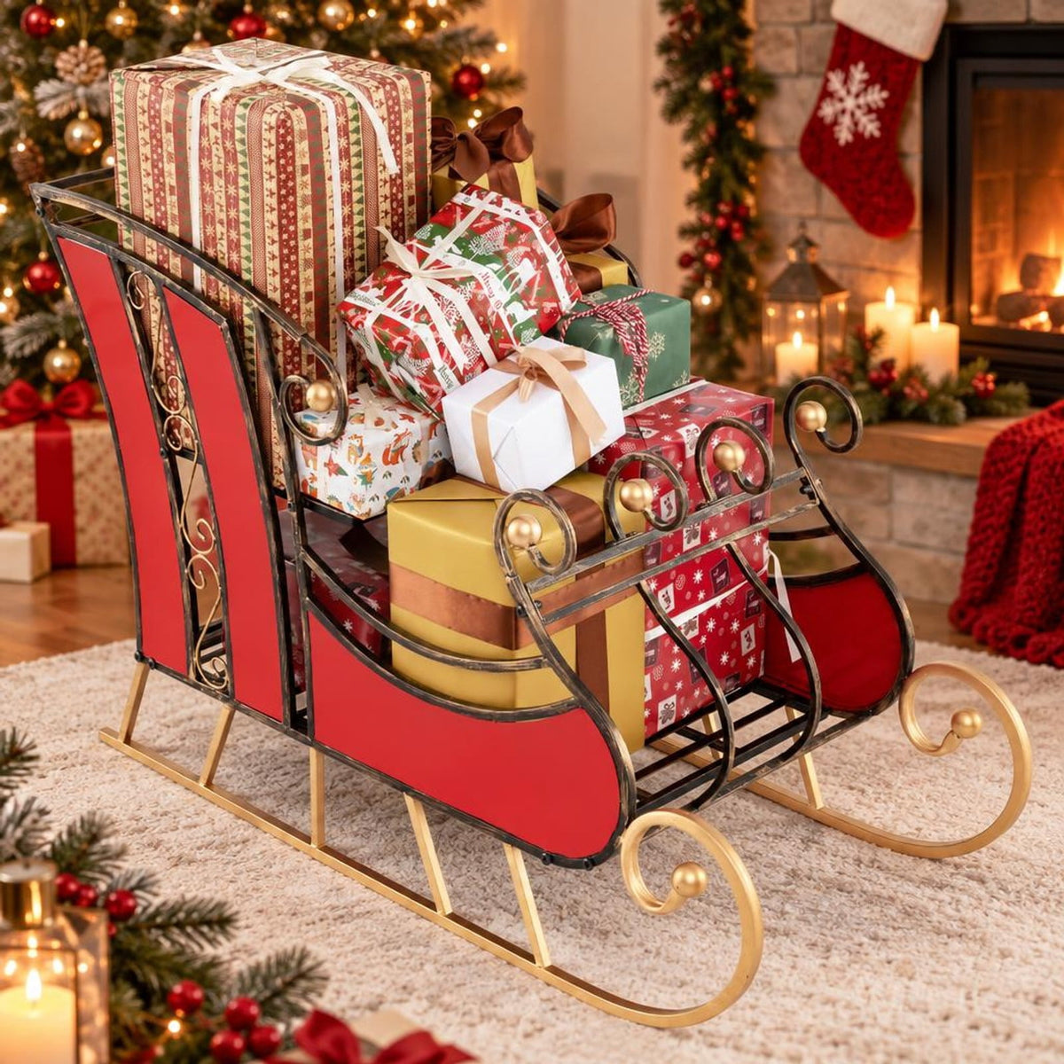 Airfind 3 FT Christmas Metal Sleigh Decoration Santa Sleigh with 2, 37 x 16 x 23Net Weight 17 lbsWeight Footprint