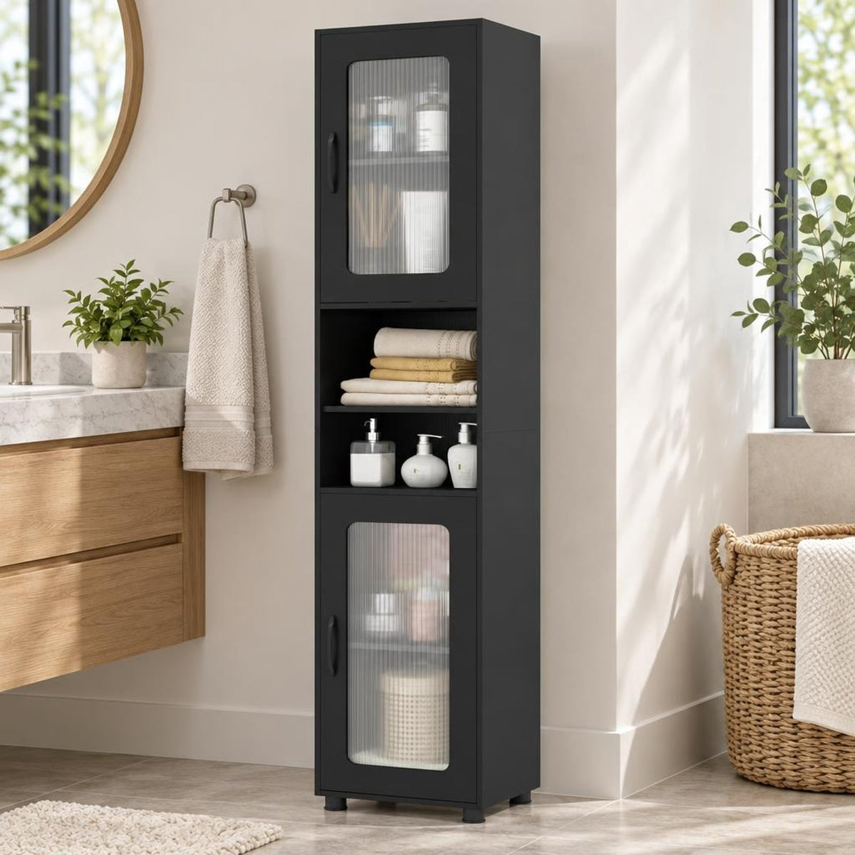 Airfind Tall Bathroom Storage Cabinet 67 Inches Freestanding Storage Organizer, 155 lbs Capacity, Engineered Wood MDF Frame, Black
