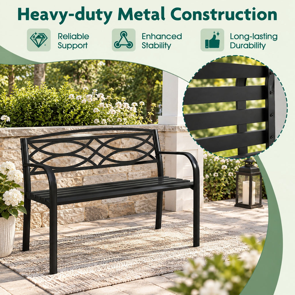Airfind Garden Bench with Curved Armrests and Backrest, 660 lbs Capacity, Metal Frame, 19.5 x 45.5 x 32.5 Footprint, Black