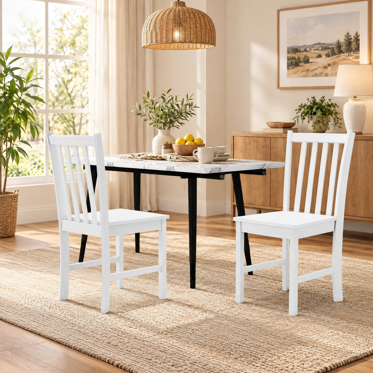 Airfind Rustic Dining Chairs Set of 2 Wooden Kitchen Chairs with Slat Tilt Backrest, Chair 330 lbs Capacity, Rubber Wood Frame, White