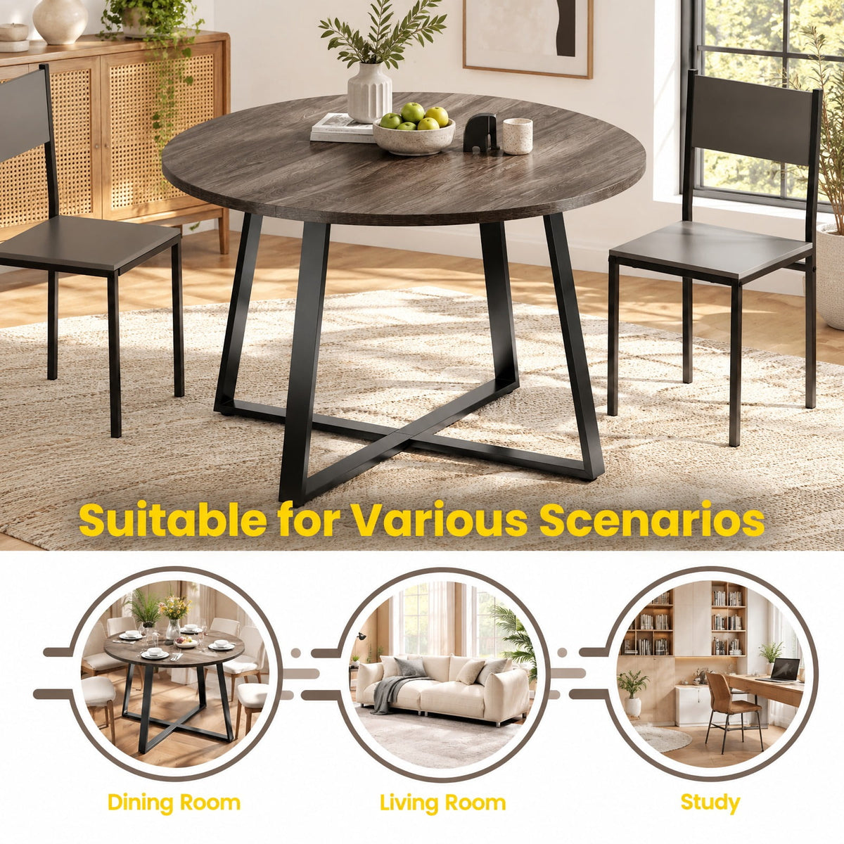 Airfind 47 Inch Round Dining Table with Stable X-shaped Base and Round Thickened Tabletop, 220 Lbs Capacity, Engineered Wood Metal, Gray Oak, Gray
