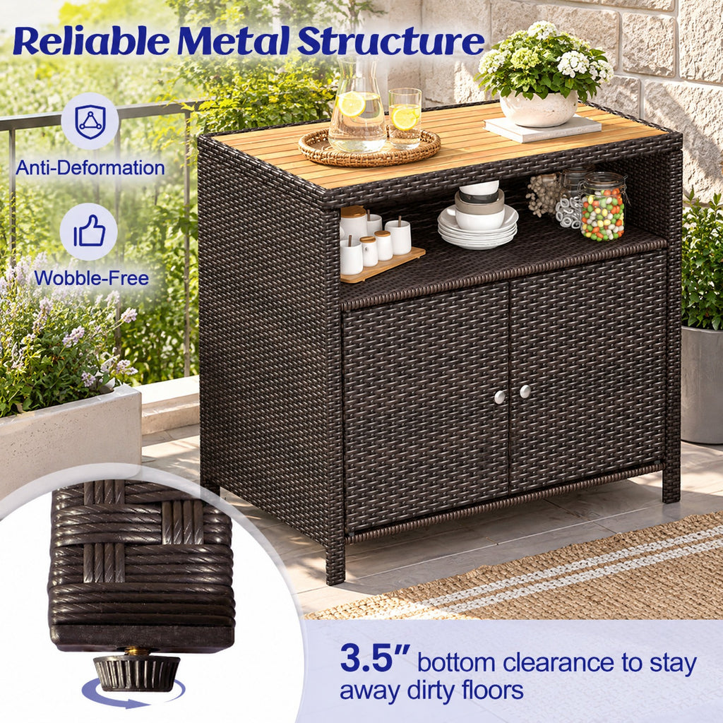 Airfind Rattan Storage Cabinet with Acacia Wood Countertop for Poolside Deck and Patio, 100 lbs Capacity, PE Rattan Acacia Wood Metal Frame, Brown
