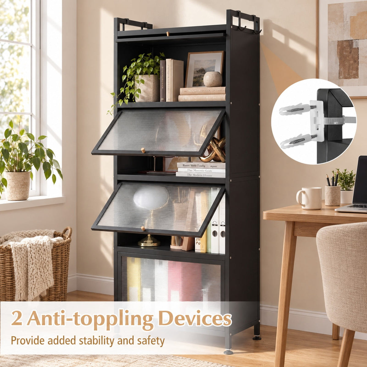 Airfind 5-Tier Kitchen Bakers Rack with Flip-up PC Doors, tier 33 lbs Capacity, Metal PC PP Gray Frame, 23.5 x 12.5 x 60.5 Footprint, Black