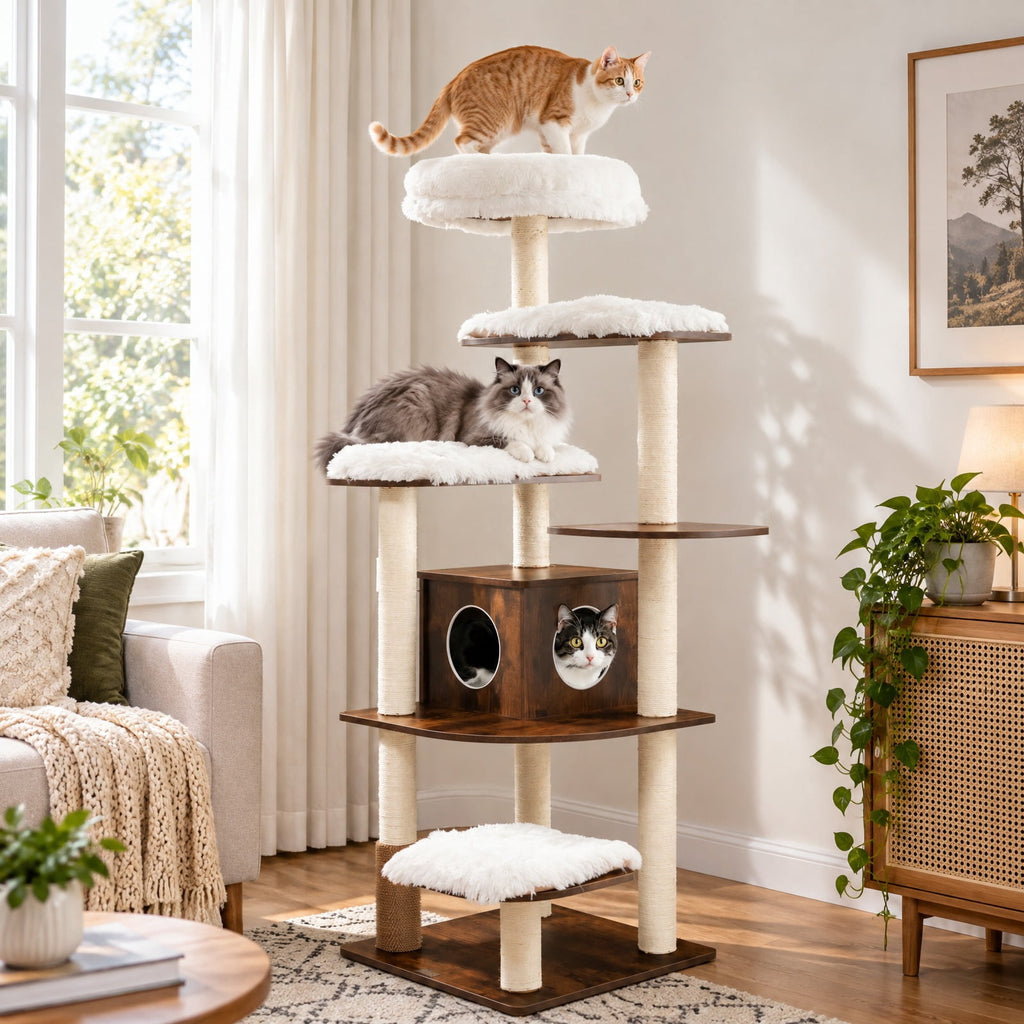Airfind 7-Layer Wooden Cat Tree Tall Cat Tower with Sisal Posts and Condo, 33 lbs Capacity, Engineering Board Sisal Rope Plush Frame, Brown