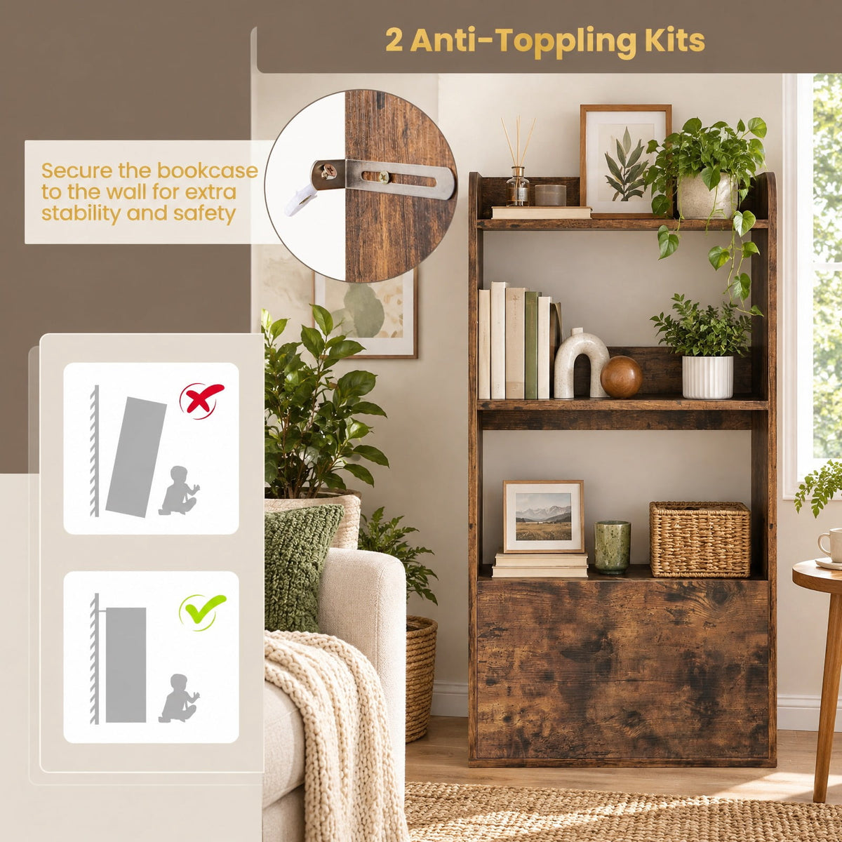 Airfind Freestanding Bookshelf with 3-Tier Open Shelf, 44 lbs Capacity, Engineered Wood MDF Frame, 21.5 x 11.5 x 41.5 Footprint, Brown