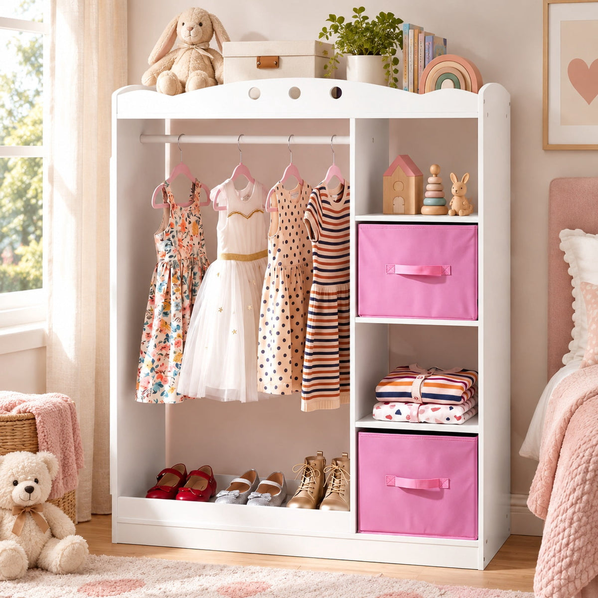 Airfind Kids Dress Up Storage with Full Length Mirror and Open Shelves, Engineered Wood Frame, for 3+ Years Old, 35.5in x 12in x 44in Footprint, White
